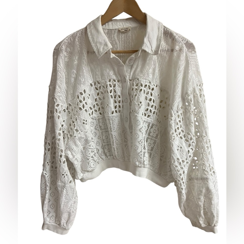 Pilcro White Cropped Lace Button-Up Blouse